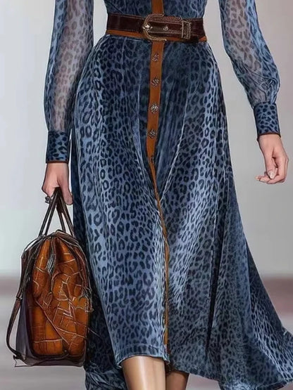 Elegant Leopard Printed Mesh Long Sleeve Dress