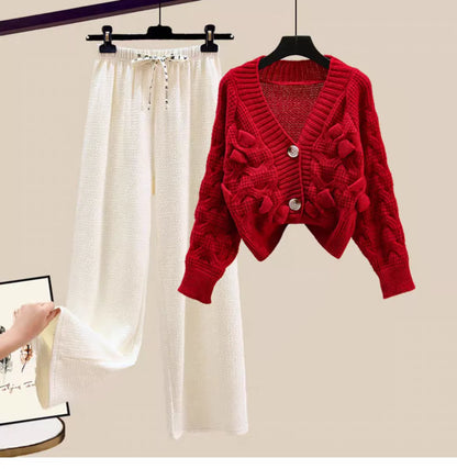Korean Sweet Bow Outfit Long Sleeve Cardigan Knitwear Wide Leg Pants Set