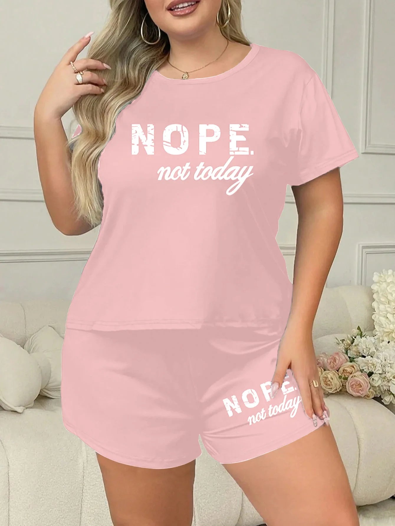 Letters Print Short Sleeve Tee And Elastic Shorts Plus Size Fit Pajama Set