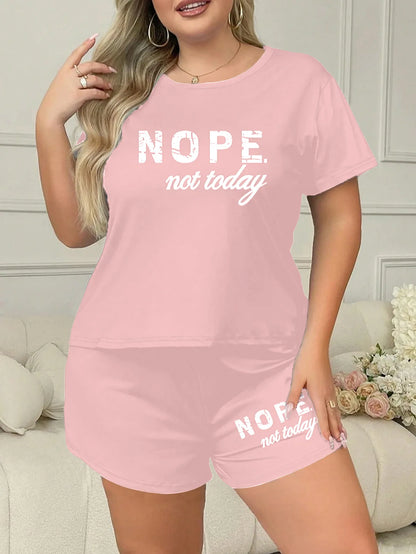 Letters Print Short Sleeve Tee And Elastic Shorts Plus Size Fit Pajama Set