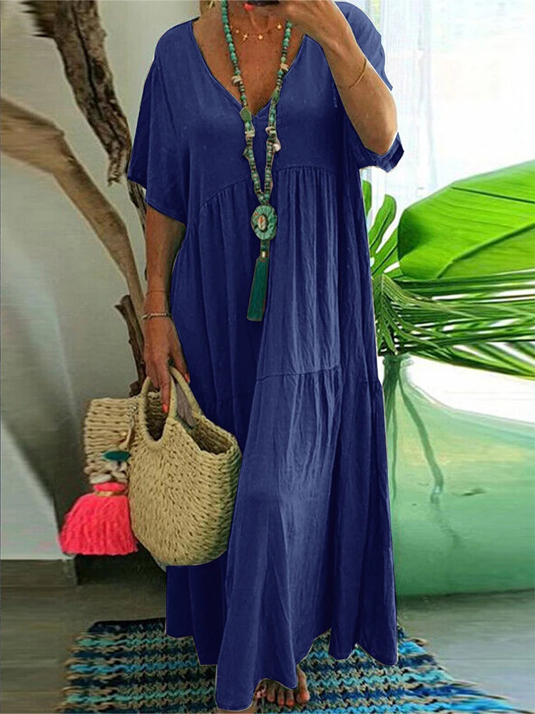 Plus Size Casual Loose V-Neck Solid Long Dress S