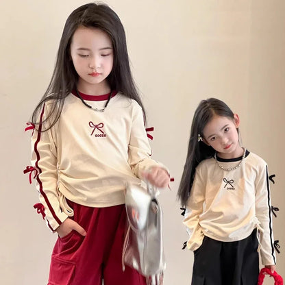 Autumn Red Bow Decoration Letter Embroidery Long Sleeved Pants Set