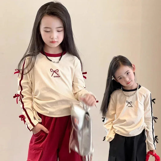 Autumn Red Bow Decoration Letter Embroidery Long Sleeved Pants Set
