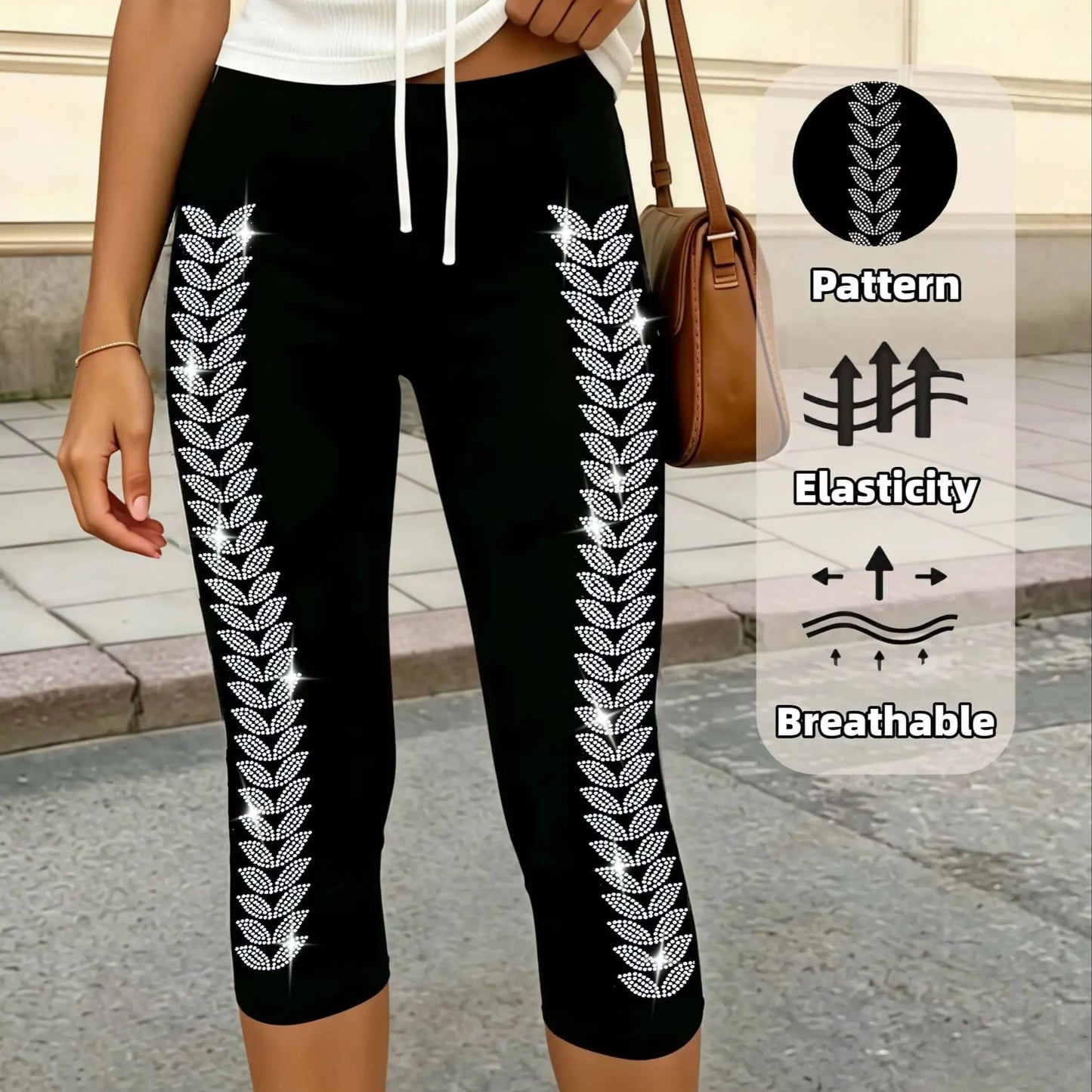 Black Capri Leggings Side Leaf Rhinestones Stretchy Slim Fit Yoga Pants