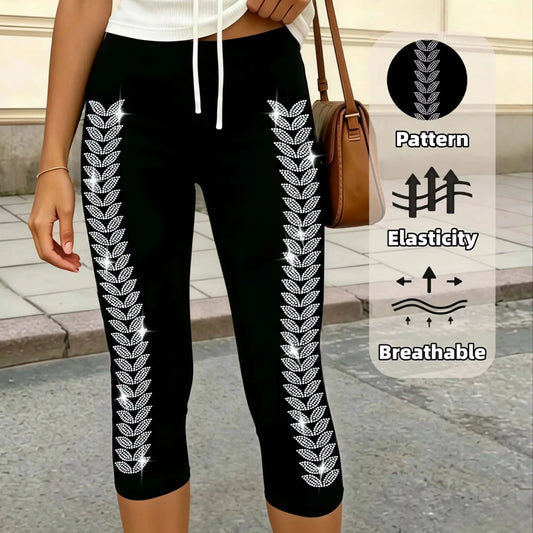 Black Capri Leggings Side Leaf Rhinestones Stretchy Slim Fit Yoga Pants
