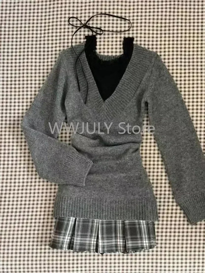 Suéter de cuello en V coqueto, manga larga, estilo pullover