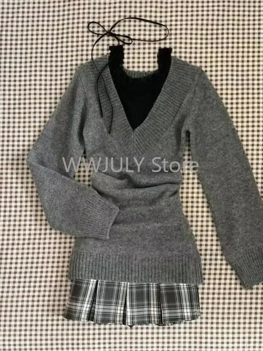 Suéter de cuello en V coqueto, manga larga, estilo pullover