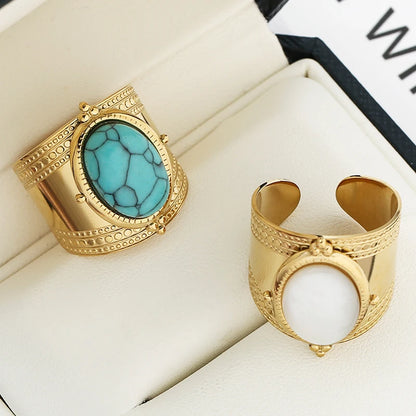 Bohemia Turquoise Natural Stone Wide Open 14K Gold Plated Stainless Steel Ring