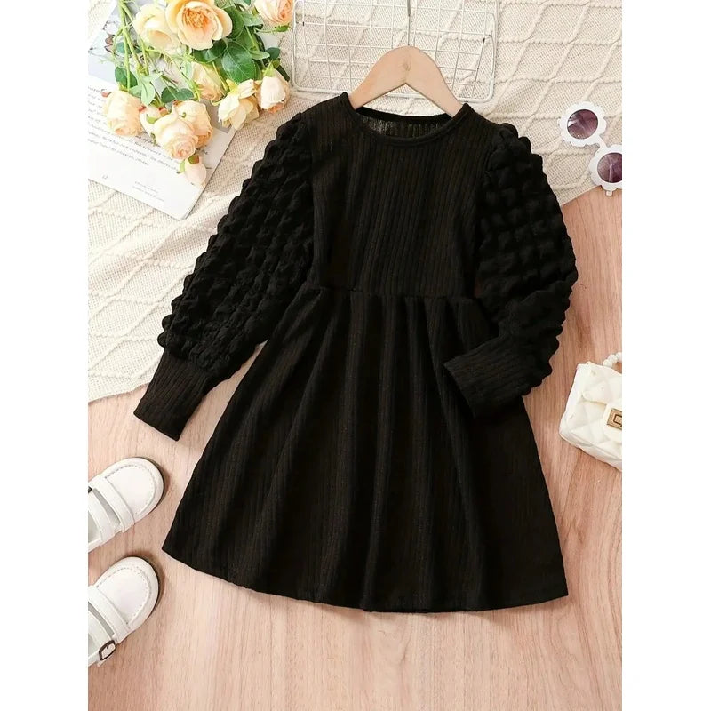 Black Corduroy round Neck Bubble Sleeves Princess Dress