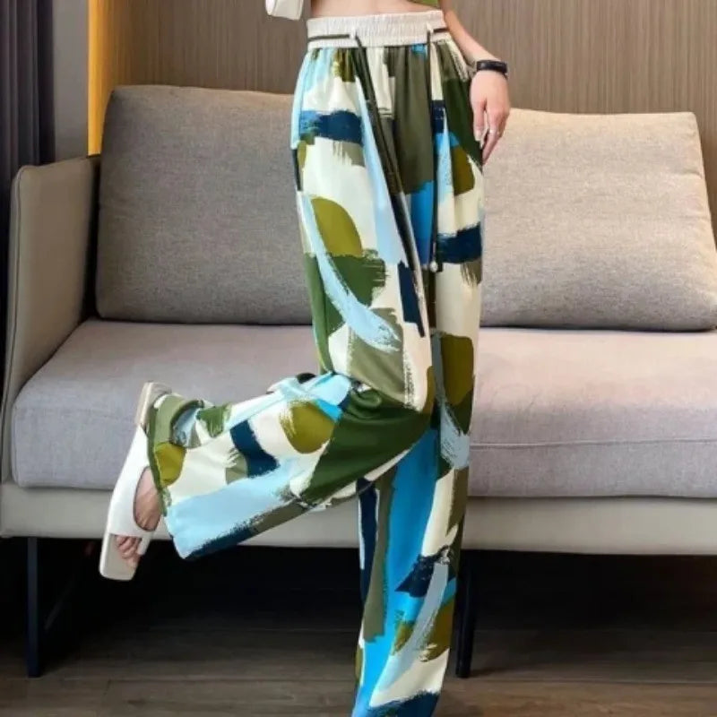 Colorful Graffiti Print Wide Leg Elastic Waist Drawstring Loose Pants
