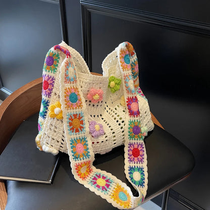 Large Capacity Boho Tote Floral Crochet Handbag