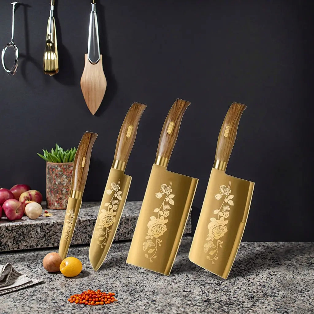 Golden Rose Pattern Kitchen Knife Set
