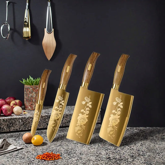 Golden Rose Pattern Kitchen Knife Set
