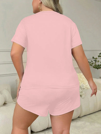 Letters Print Short Sleeve Tee And Elastic Shorts Plus Size Fit Pajama Set