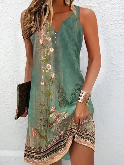 Stitching V Neck Loose  Bohemian sleeveless Dress