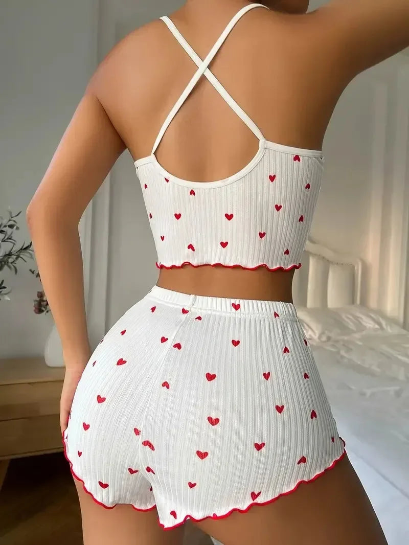 Sexy Heart Print Pajama Set Silk Stain Lingerie
