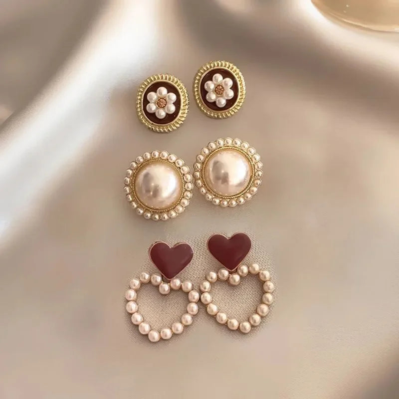 Korean Pearl Flower Heart Shape Geometric Earring