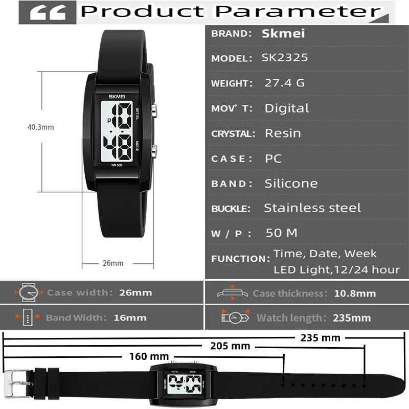 Digital with Date Week Display Silicone Strap LED Light Waterproof Wristwatch
