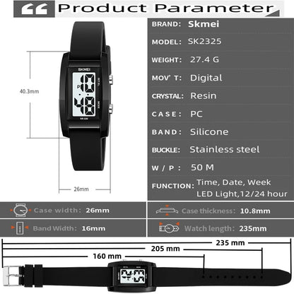 Digital with Date Week Display Silicone Strap LED Light Waterproof Wristwatch