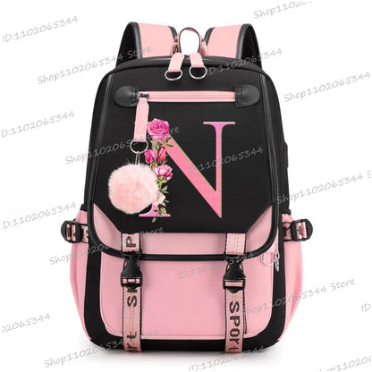 Black Pink Backpacks 26 Initials Flower A-Z Alphabet Large Capacity Students Bookbag