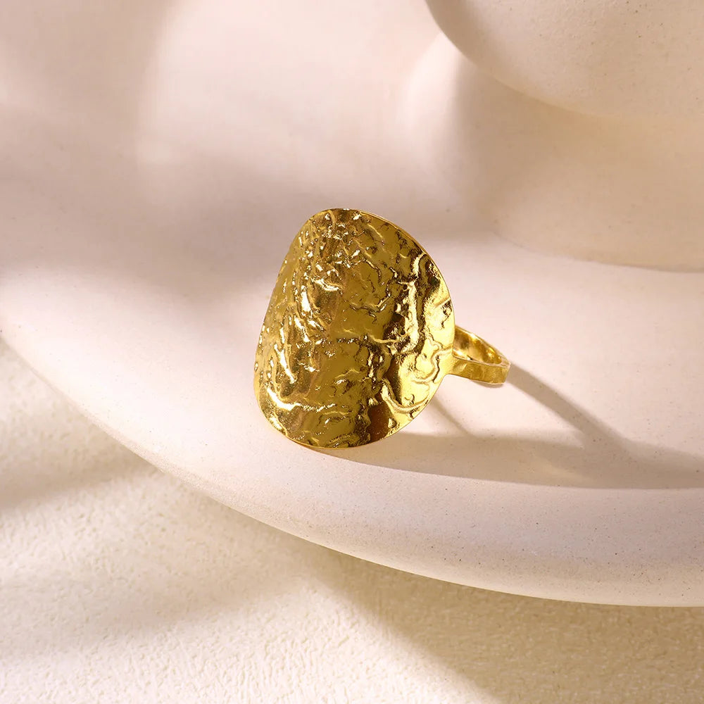 Gold Stainless Steel Coin Broad Surface Elliptical Geometry Rings