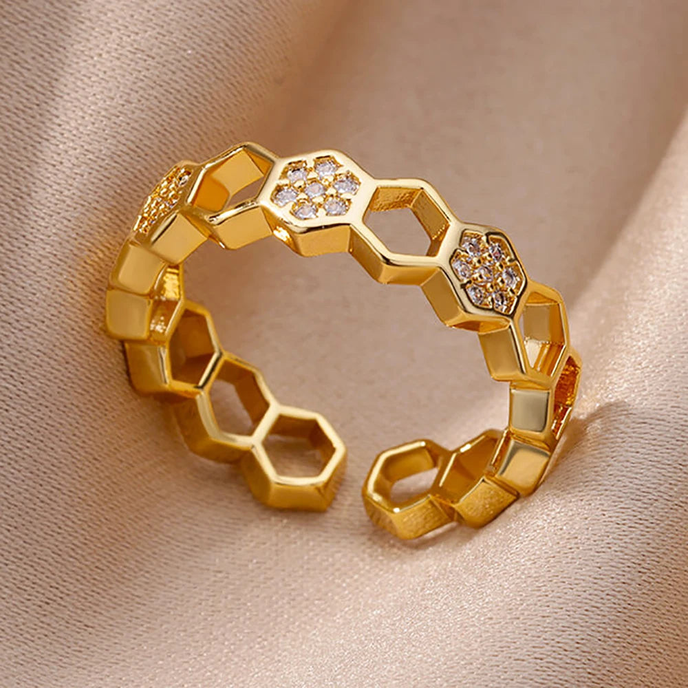 Chain Hollow Out Gold Stainless Steel Zircon Cross Ring