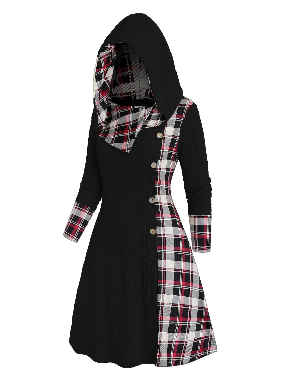 Knitted hooded plaid print stitching fake buckle high waist long sleeve dress