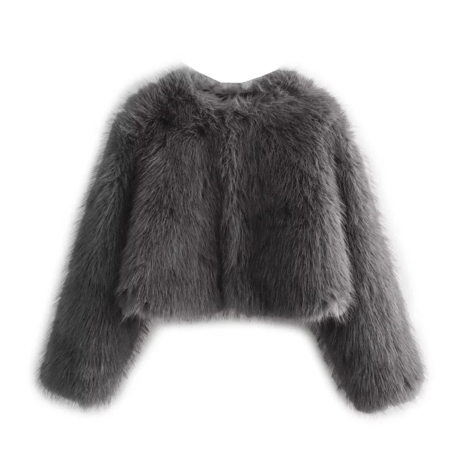 Faux fur Fall/Winter Effect Round Neck Long Sleeve Short Jacket
