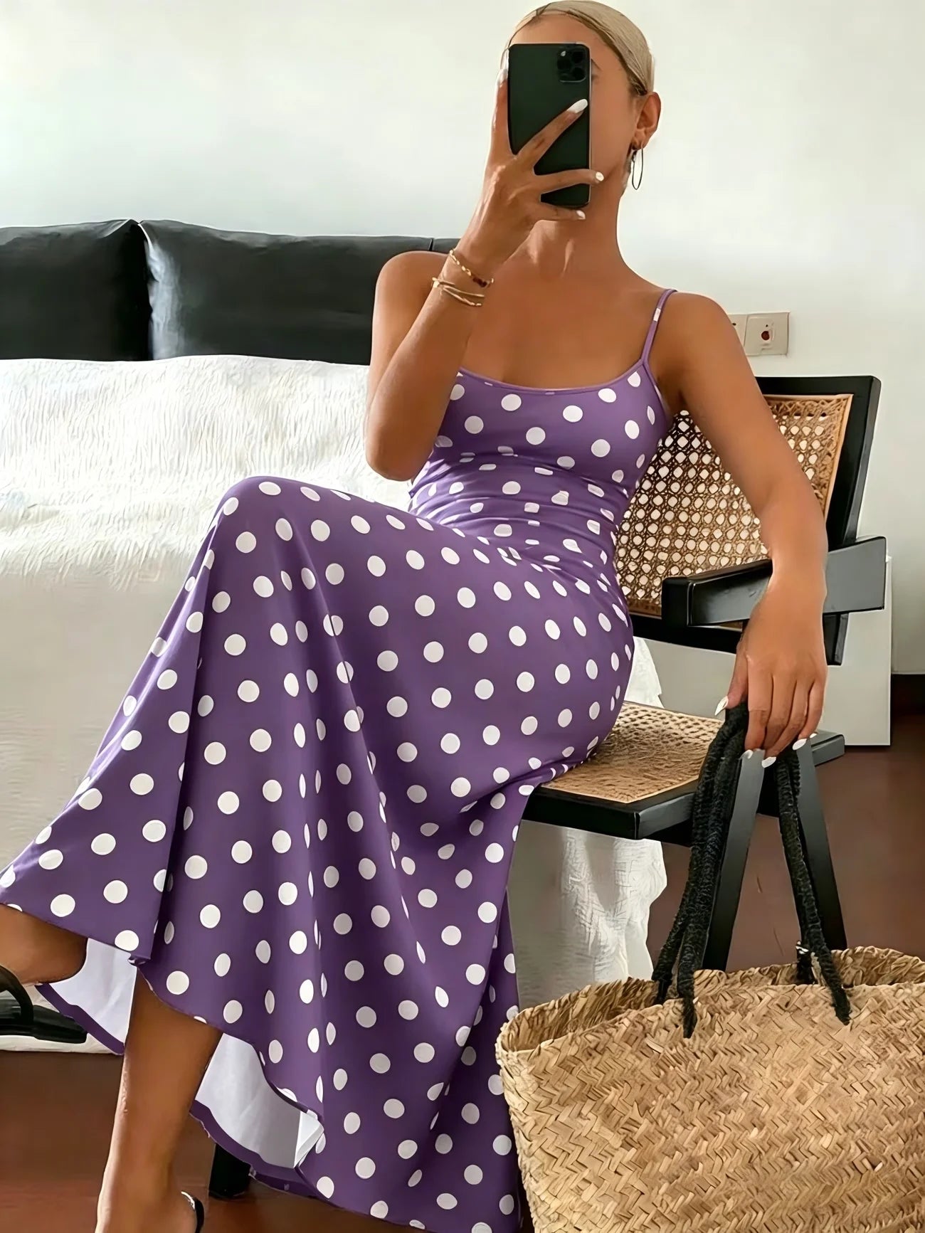 Elegant Polka Dot Print Slimming Midi Dress