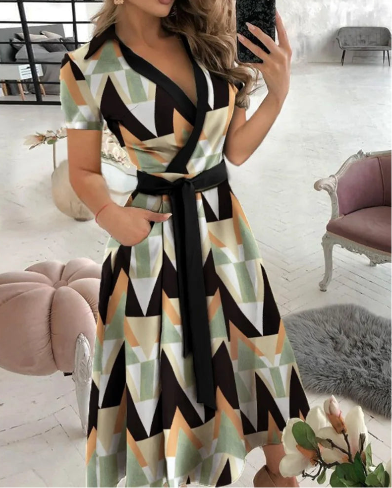 Short Sleeve Wrap V Neck Midi Dress
