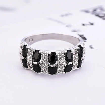 Retro Elegant 925 Sterling Silver Big Black Stripe Crystal Zircon Silver Rings