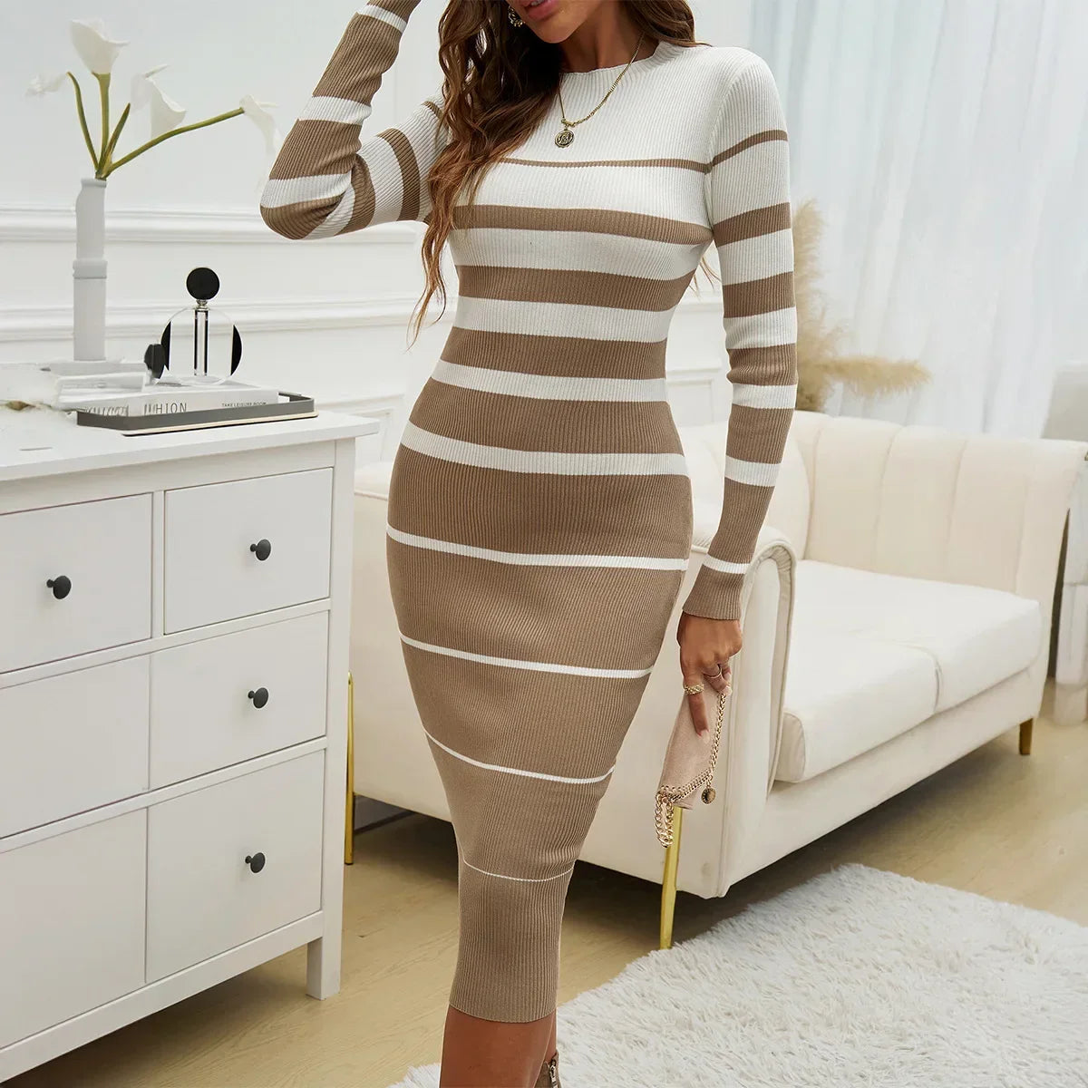 Elegant Striped Print Slim Long-sleeved Dress