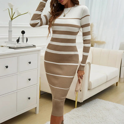 Elegant Striped Print Slim Long-sleeved Dress