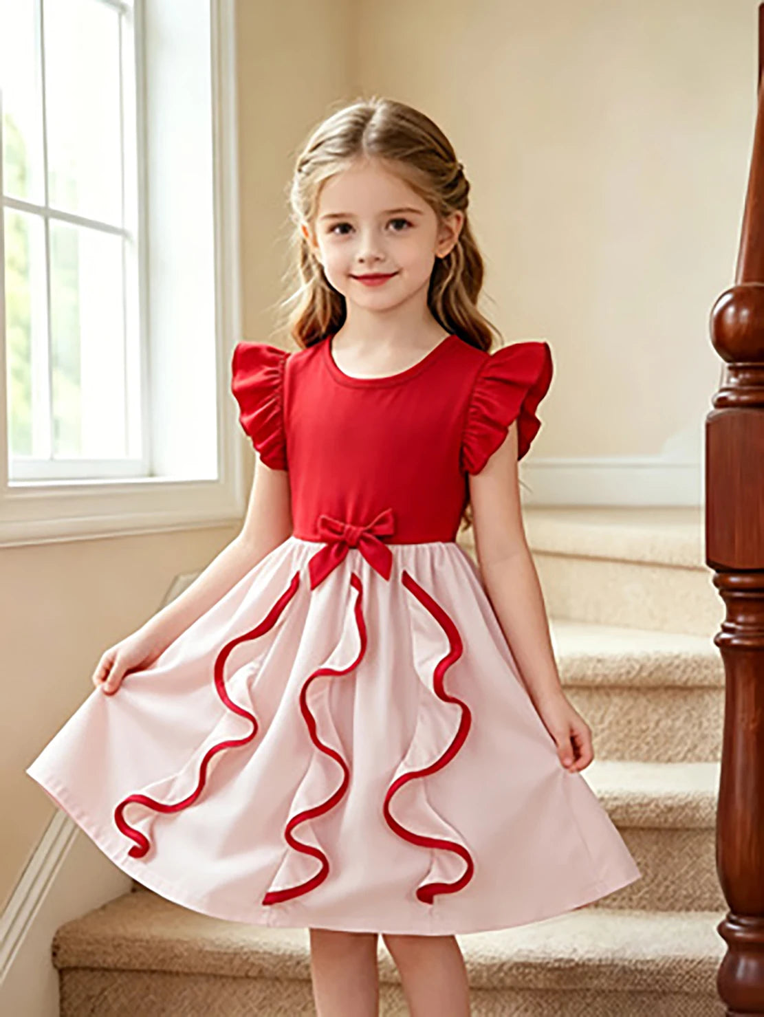 Girls Red and White Color Block Princess Flutter Sleeve Bow Tutu Dress