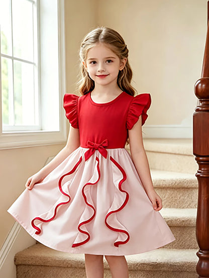 Girls Red and White Color Block Princess Flutter Sleeve Bow Tutu Dress