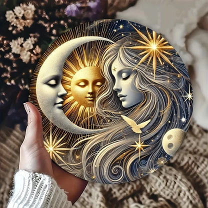 2D Flat Round Wooden Sign Sun And Moon