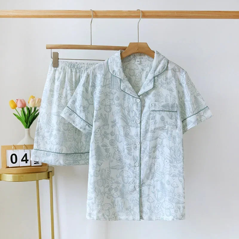 Japanese 100% Cotton Gauze Thin Short-sleeved Shorts Cute Cat Cartoon Pajama Set