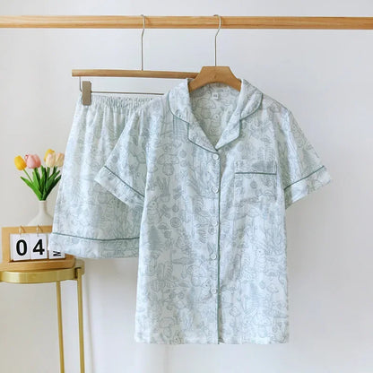 Japanese 100% Cotton Gauze Thin Short-sleeved Shorts Cute Cat Cartoon Pajama Set