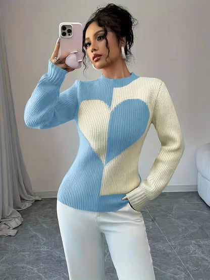 Colour-Block Heart Pattern Knitted Round Neck Long-Sleeve Casual Sweaters