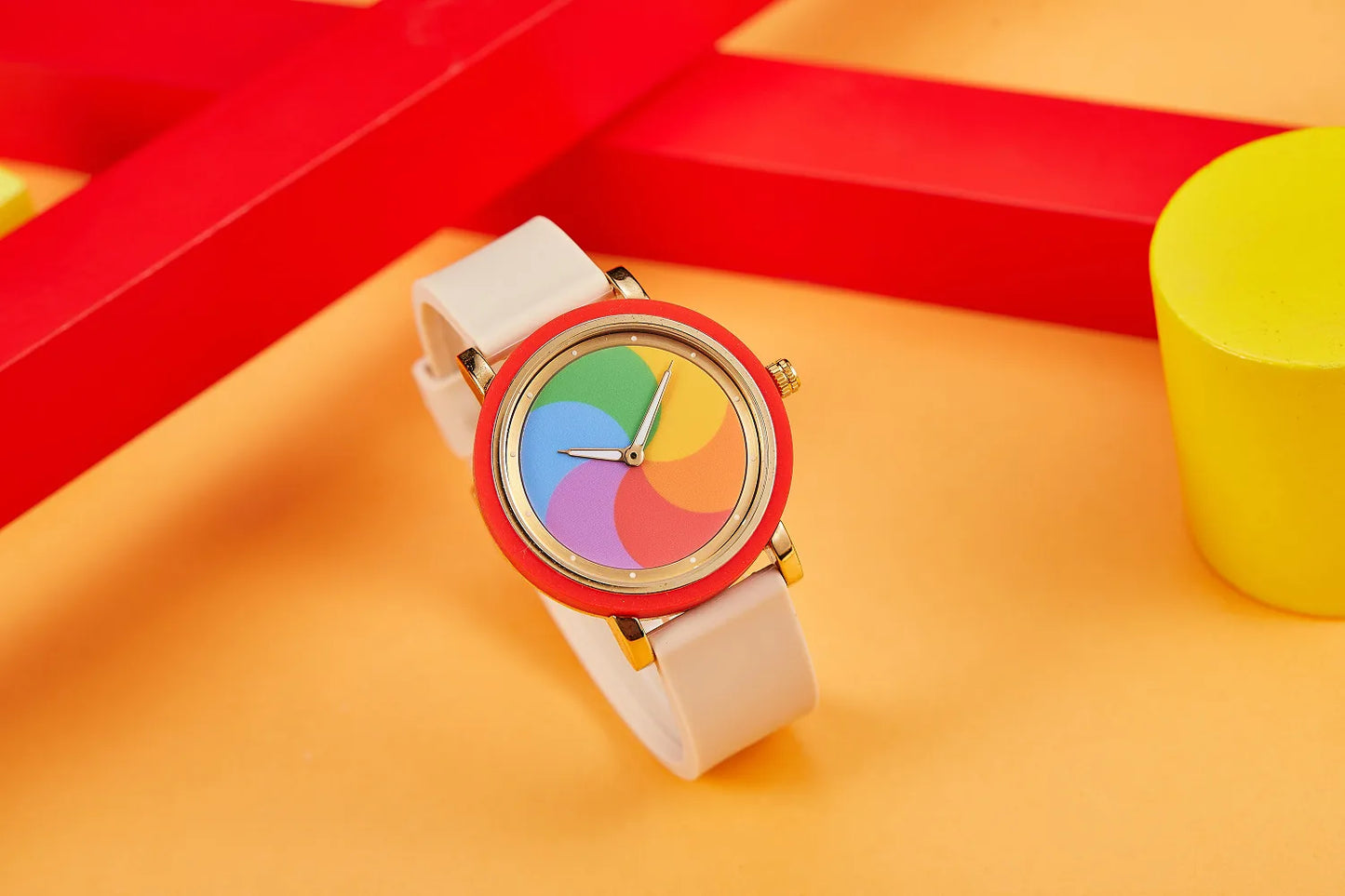 Rainbow rotating dial silicone strap watch