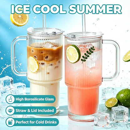 Vertical Striped Glass Cup With Handle Lid Straw Large Drinking Mug