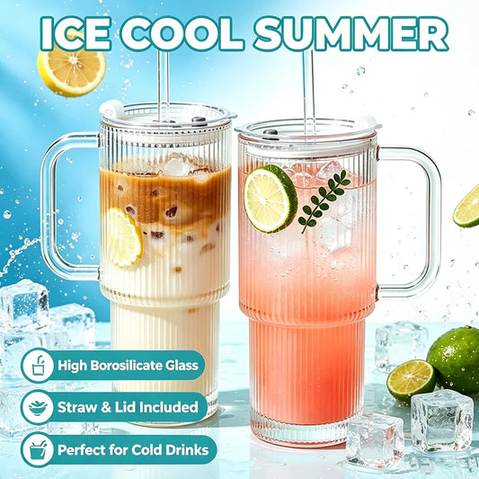 Vertical Striped Glass Cup With Handle Lid Straw Large Drinking Mug