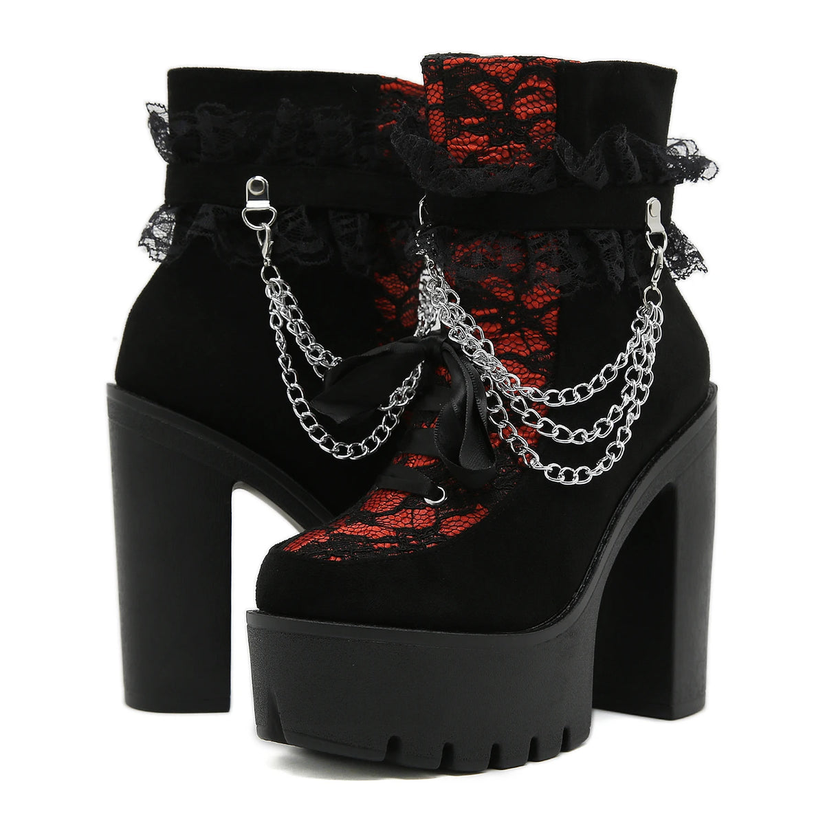 Gothic Lace Ankle Chunky Heel Side Zipper with Chain Platform Goth Boots