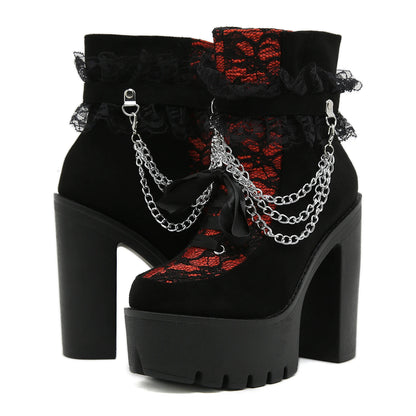 Gothic Lace Ankle Chunky Heel Side Zipper with Chain Platform Goth Boots