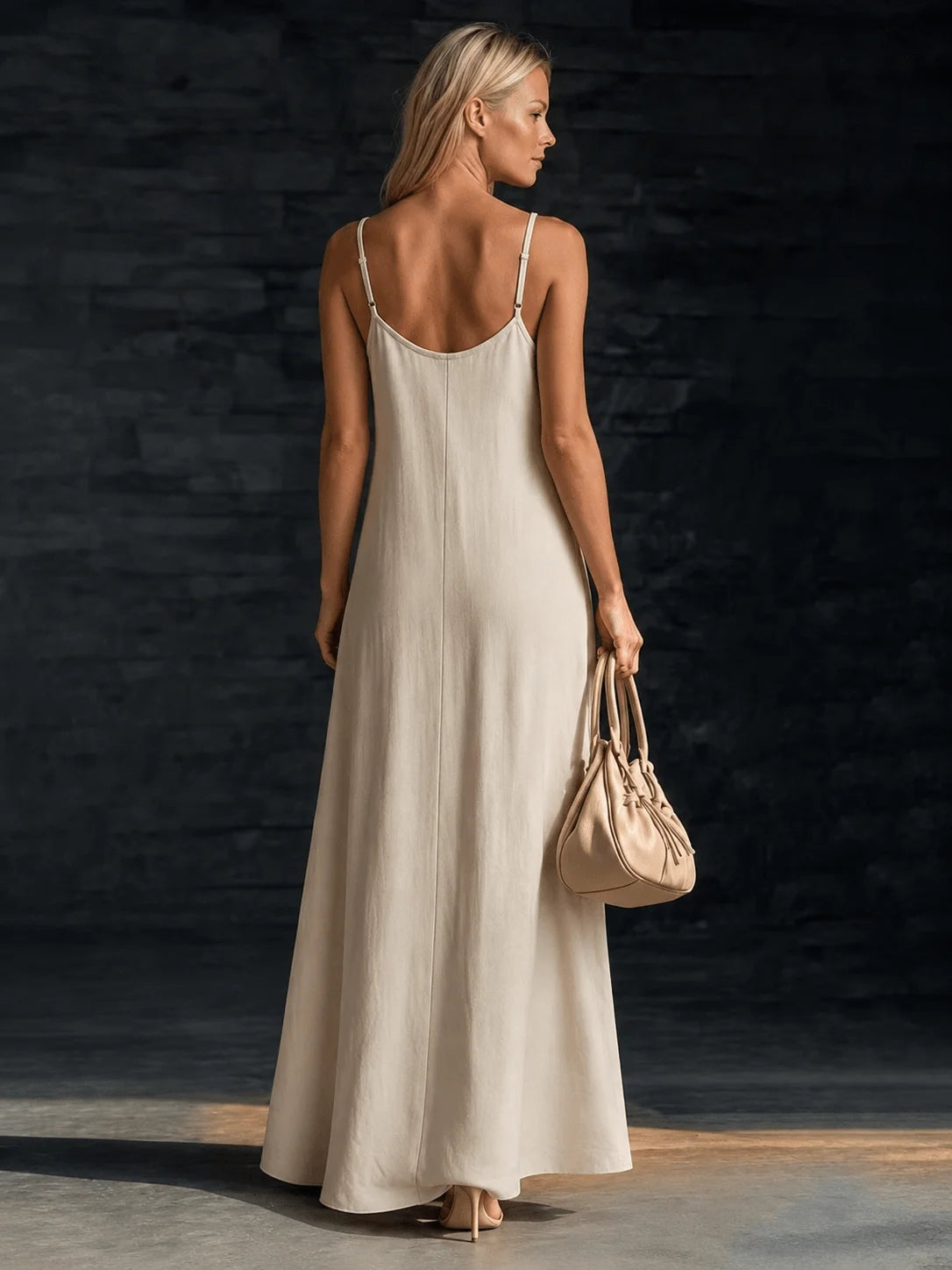 Loose Stain A-Line Long Dress with Thin Straps