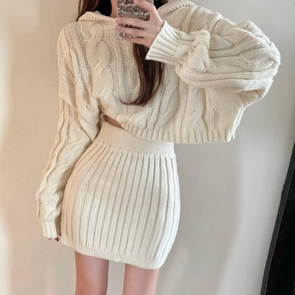 High Waist Hip Knitted Twist Outfits Autumn/Winter Elegant Hooded Pullover Sweater Set