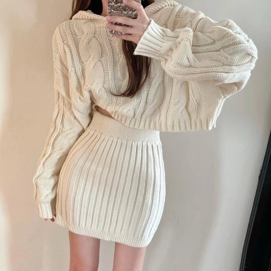 High Waist Hip Knitted Twist Outfits Autumn/Winter Elegant Hooded Pullover Sweater Set