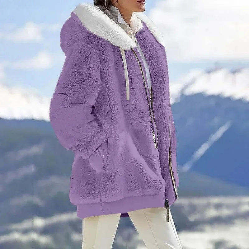 Autumn Winter Casual Hooded Zipper Cashmere Jacket