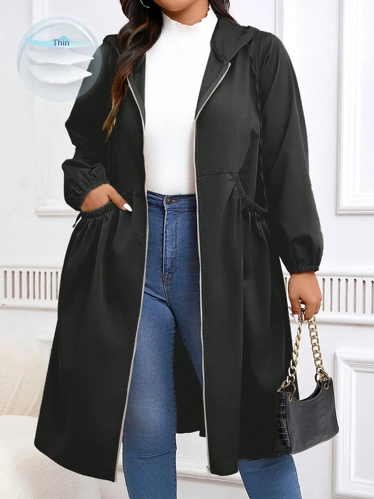 Plus Size Zip Up Hooded Casual Long Sleeve Coat