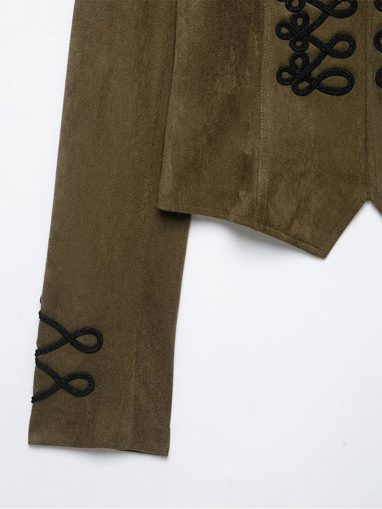 Faux Suede Stand Collar Handmade Knot Slimming Long Sleeve Short Jacket